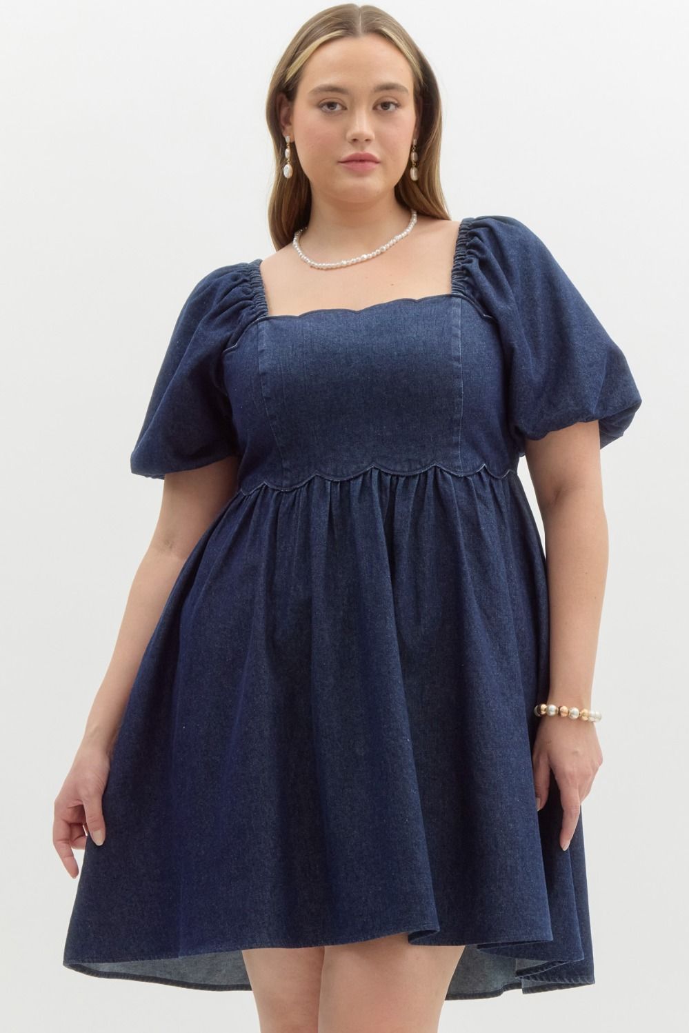 denim scallop dress Cheyenne Scallop Denim Mini Dress - Indigo Blue