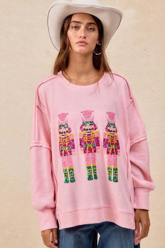 Pink Nutcracker Waffle Sweater