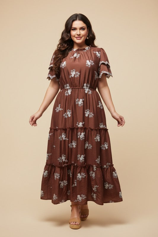 Floral Embroidered Scallop Sleeve Dress